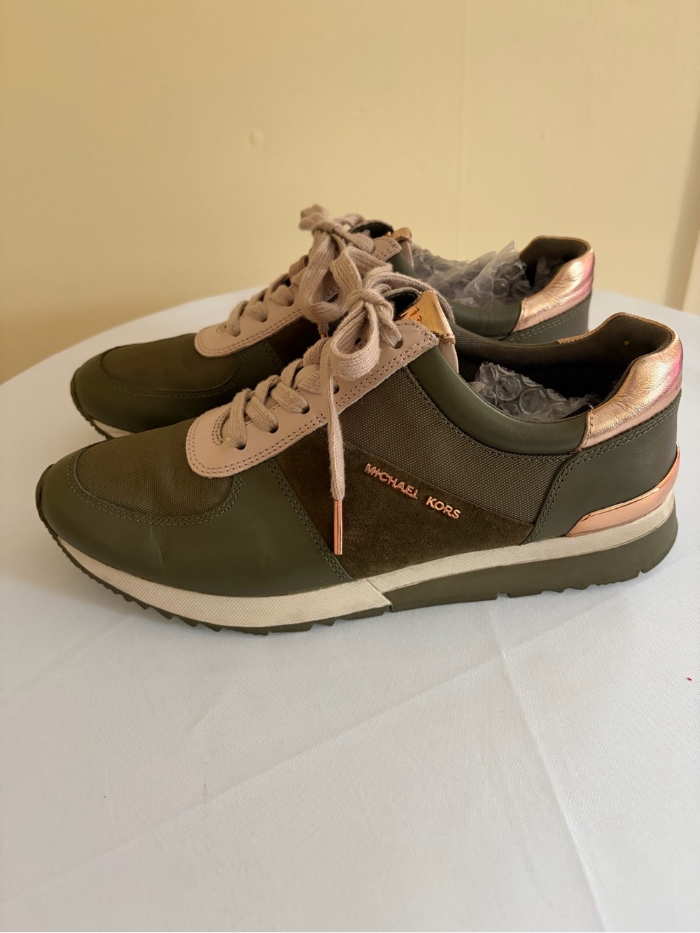 Michael Kors Olive and Blush Pink Lace-Up Sneakers
